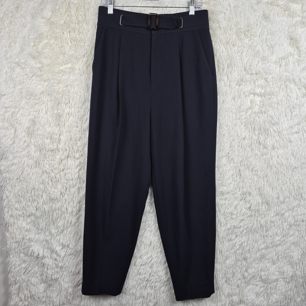 Joie Navy Blue Ultra High Waisted Pleated Tapered Belted Trousers Paperbag Sz 10